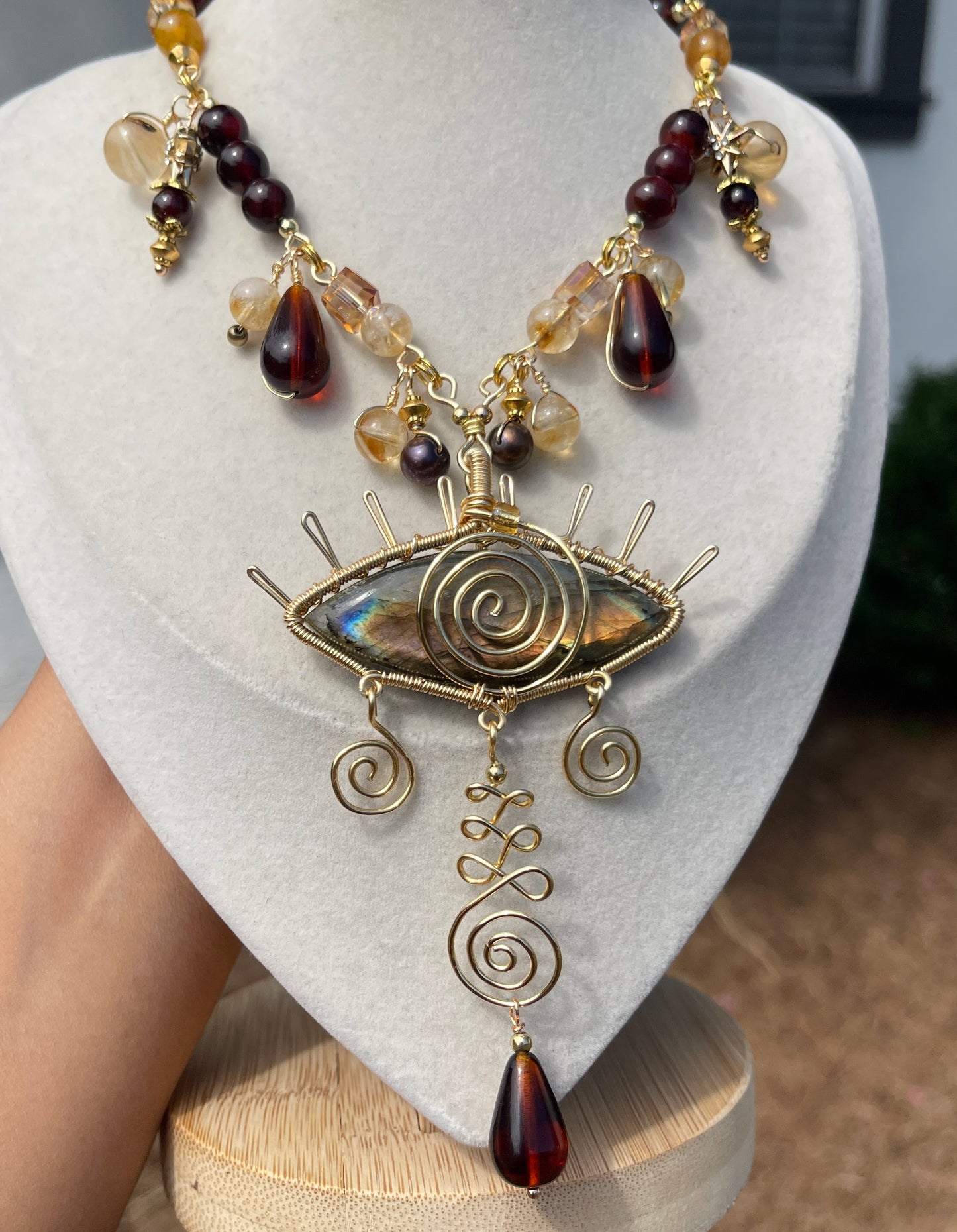Nymeria • Labradorite, Citrine, Amber, Black Pearls + Carnelian All-Seeing Eye Necklace