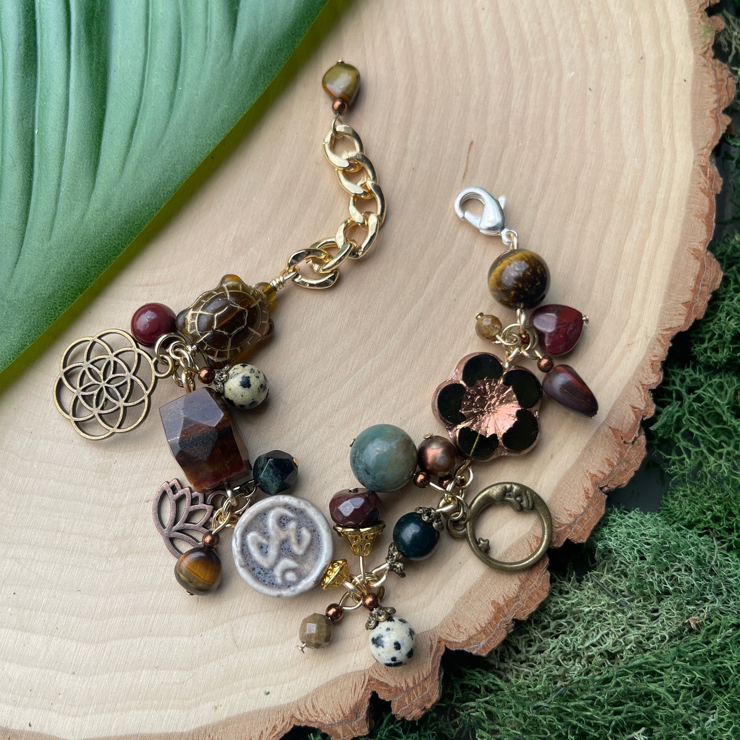 Mookaite, Dalmatian Jasper + Moss Agate Charm Bracelet