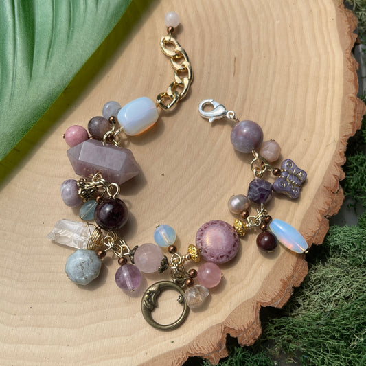 Aquamarine, Opalite, Strawberry Quartz, Lepidolite + Amethyst Charm Bracelet