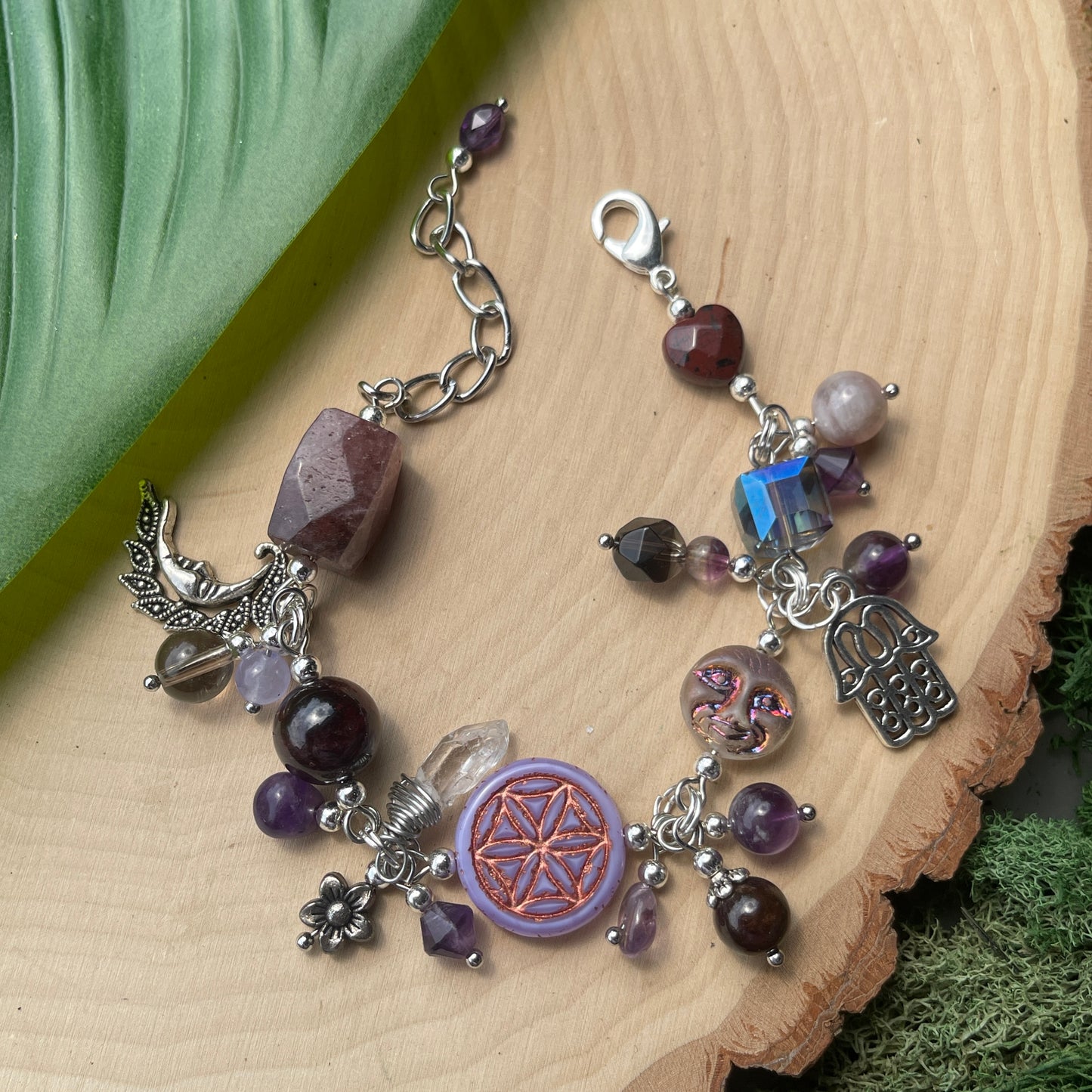 Garnet, Smokey Quartz, Amethyst + Strawberry Quartz Charm Bracelet