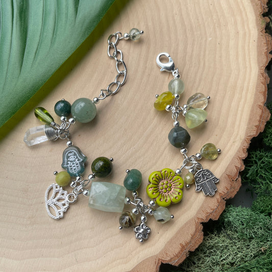 Prehnite, Peridot, Moss Agate + Aventurine Charm Bracelet