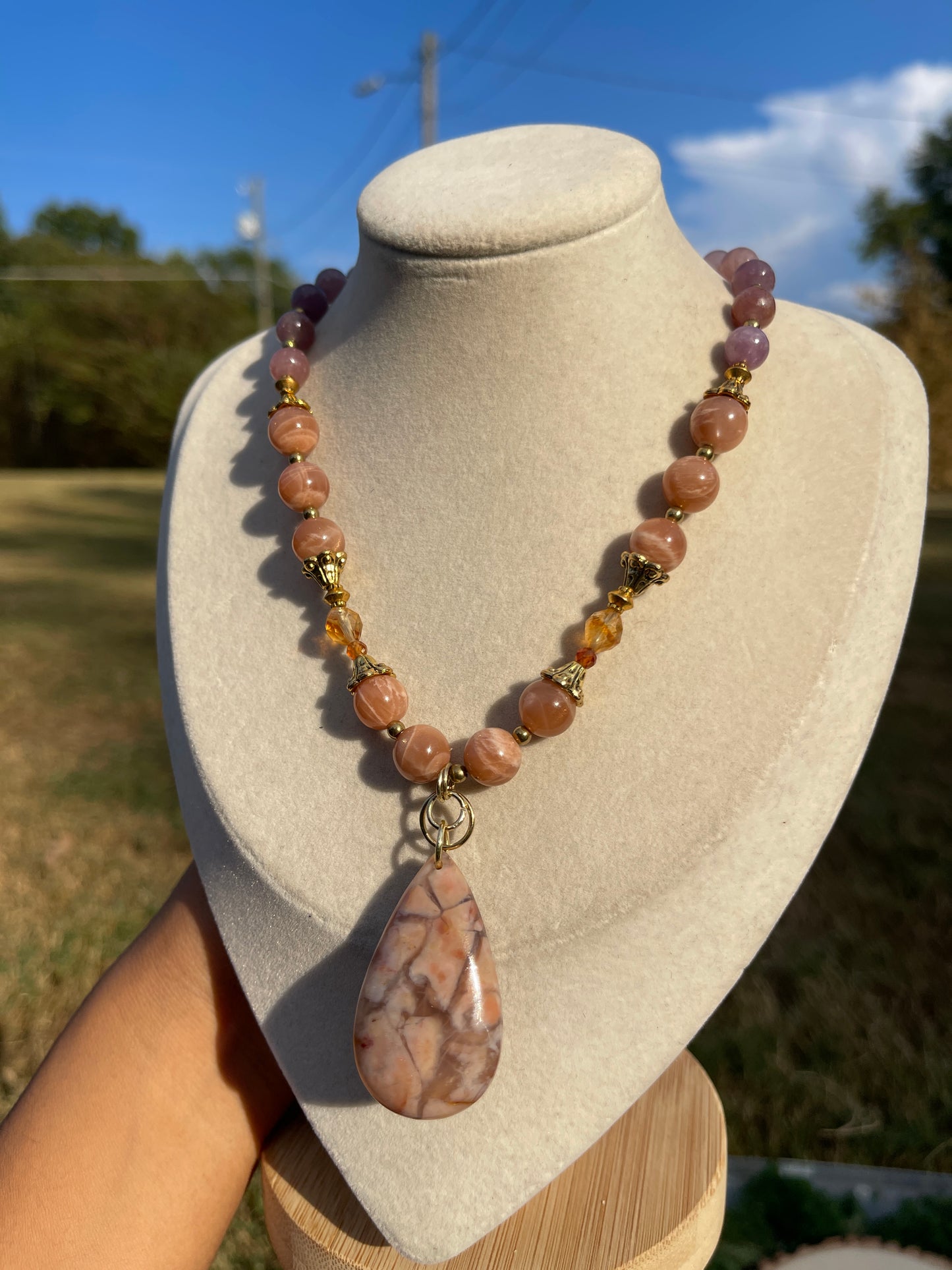 Maya • Flower Agate, 10mm Sunstone, Hessonite Garnet + Citrine Necklace