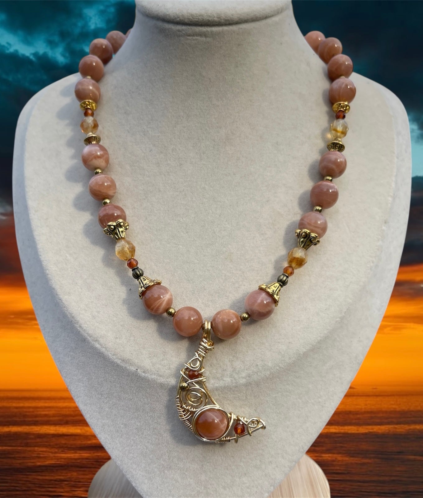Dawn • 10mm Celestial Sunstone + Citrine Moon Necklace