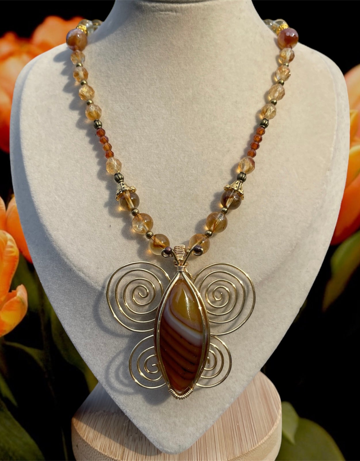 Marigold • Carnelian, Hessonite Garnet + Citrine Butterfly Necklace