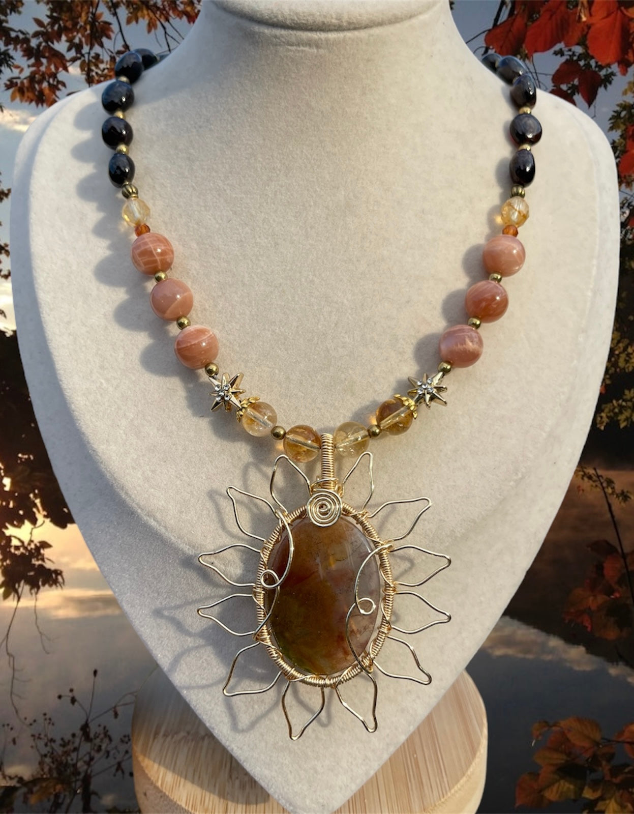 Ember • Peach Mossy Agate, Sunstone, Citrine + Garnet Sunflower Necklace