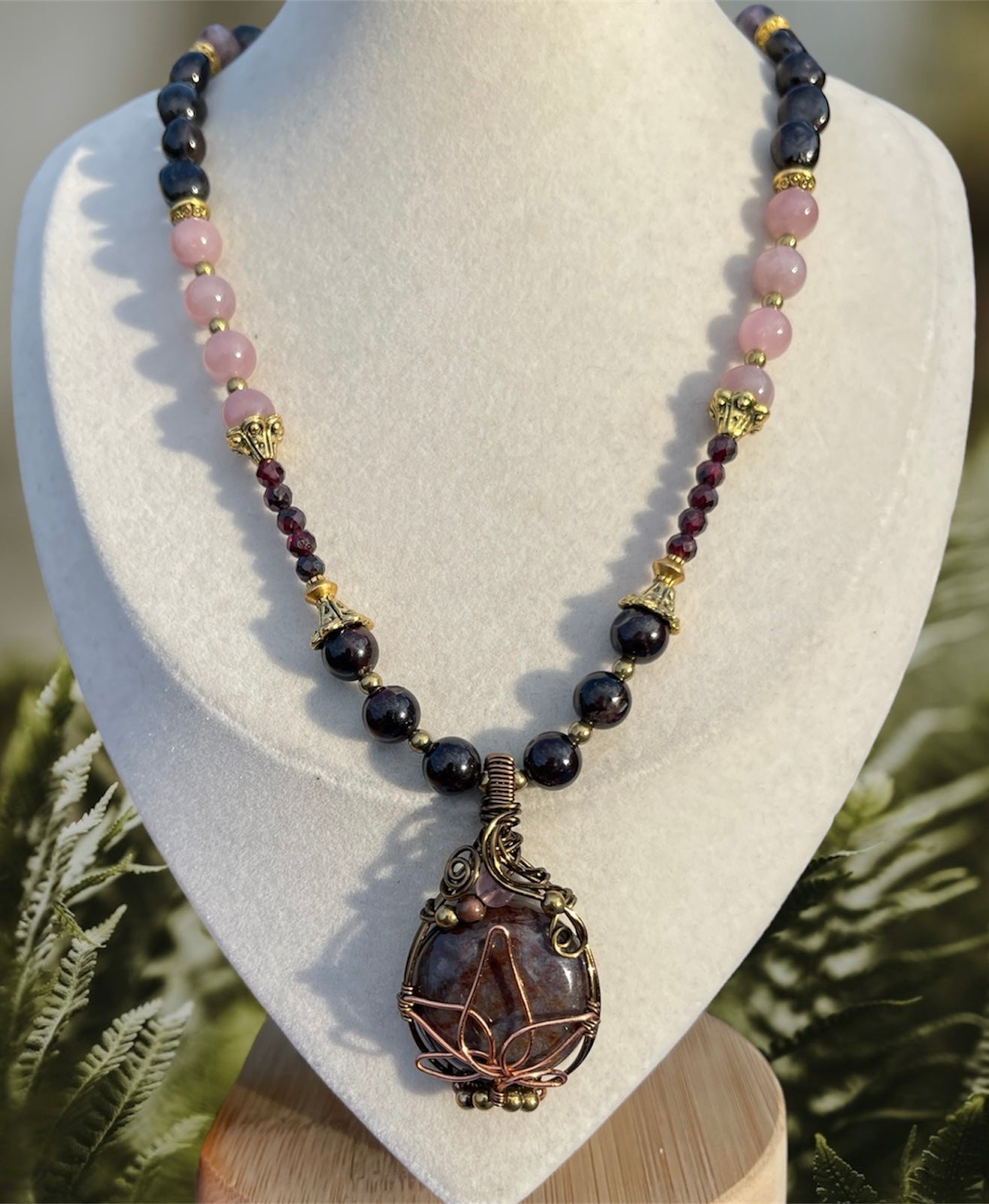 Vesper • Ocean Jasper, Garnet, Lepidolite + Madagascar Rose Quartz Necklace - Lotus Flower