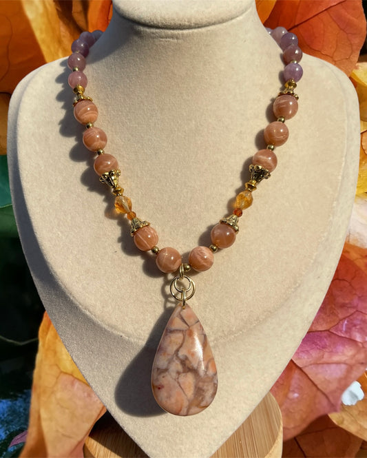 Maya • Flower Agate, 10mm Sunstone, Hessonite Garnet + Citrine Necklace