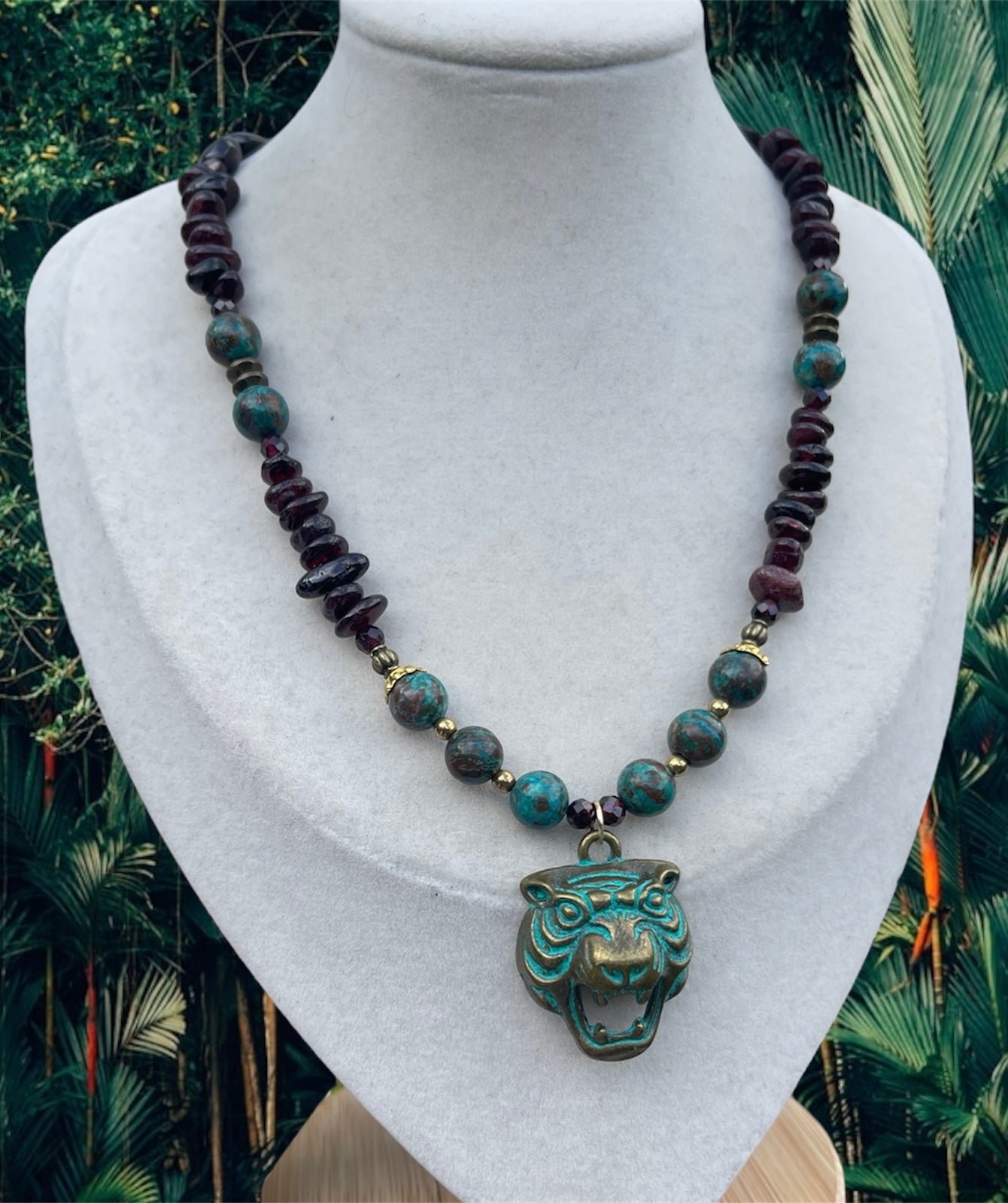 Chrysocolla + Garnet Antique Tiger Necklace