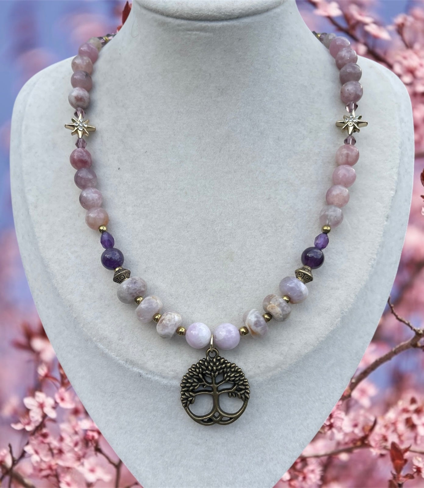 Lilac Amethyst, Lepidolite + Rose Quartz Tree of Life Necklace