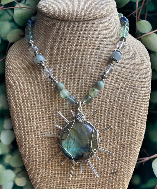 Sequoia • Labradorite Sun, Green Fluorite, Prehnite, Chrysoprase, Clear Quartz + Aquamarine Necklace